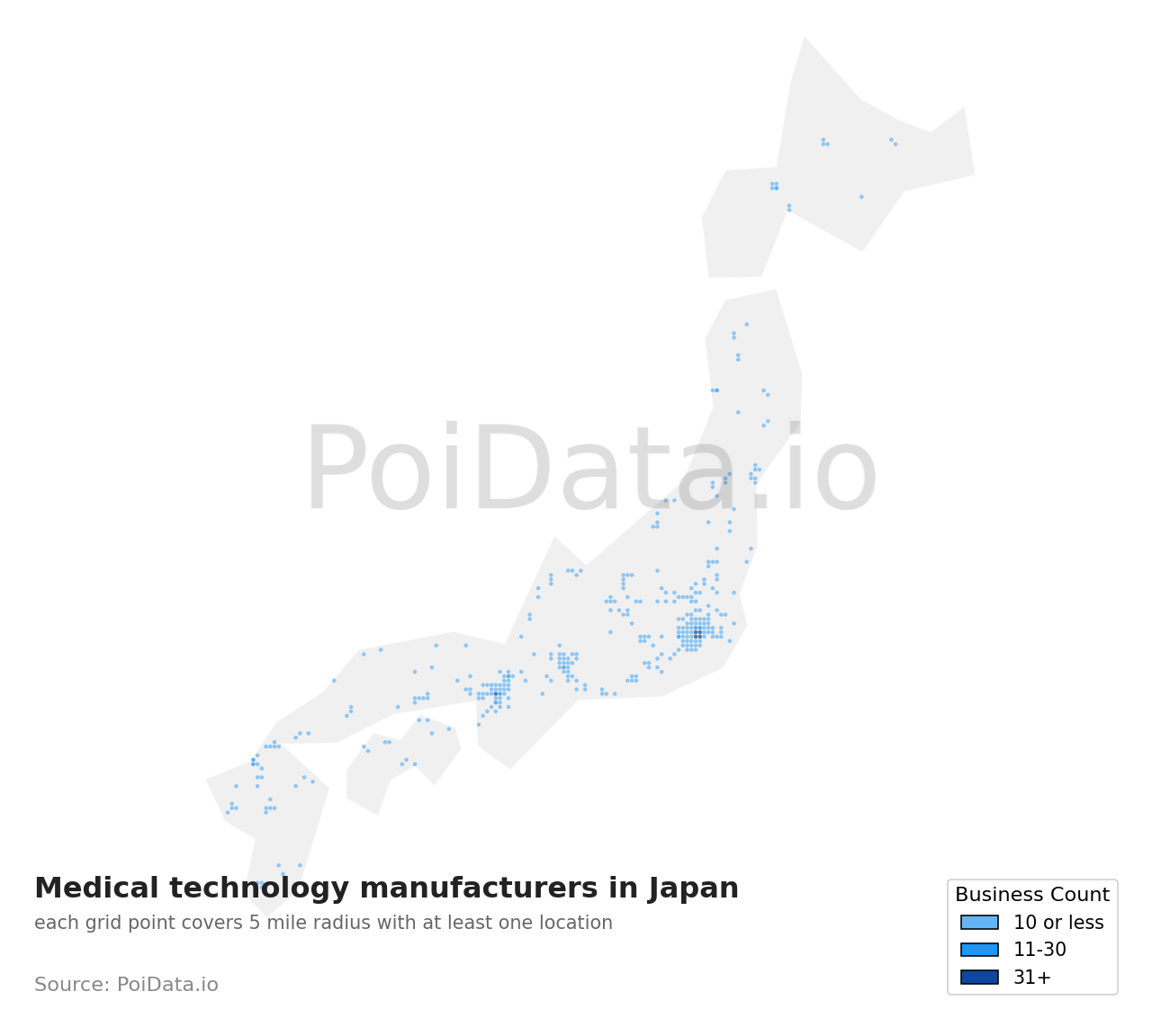 Medical technology manufacturer density map for Japan