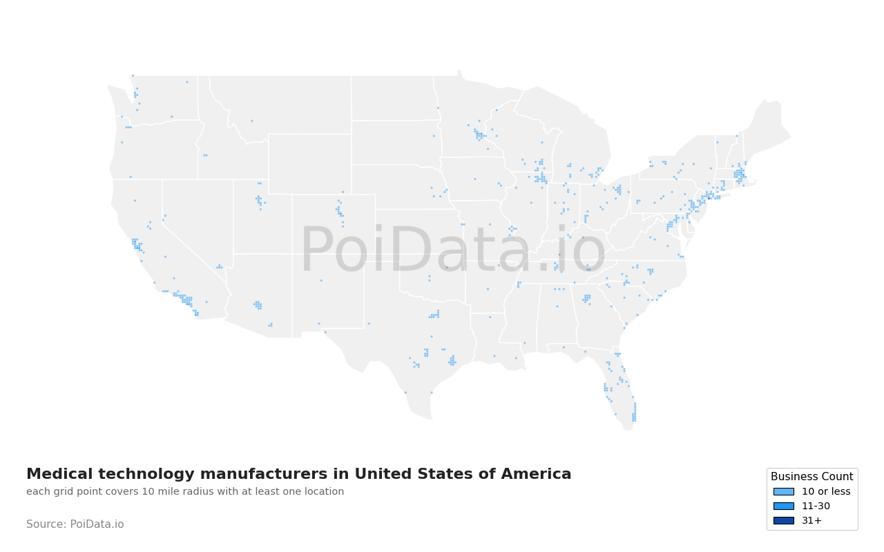 Medical technology manufacturer density map for Maryland, United States