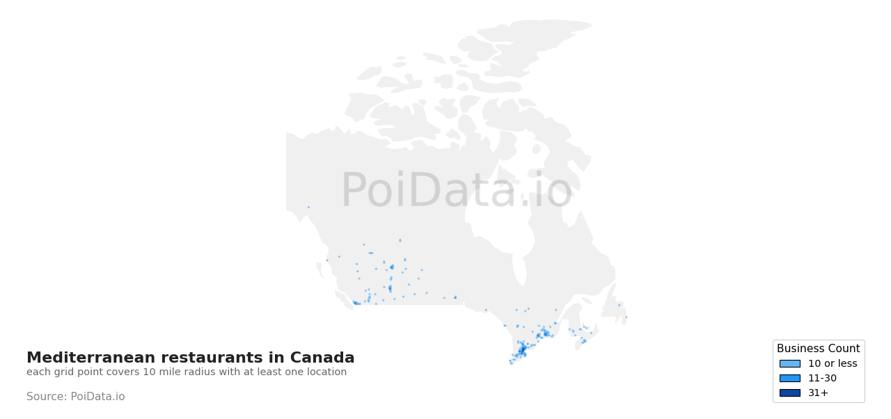 Mediterranean restaurant density map for Canada