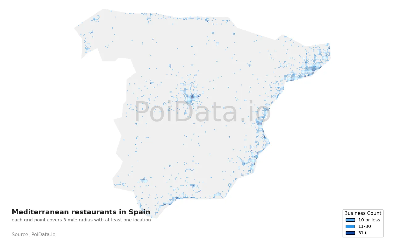 Mediterranean restaurant density map for Spain