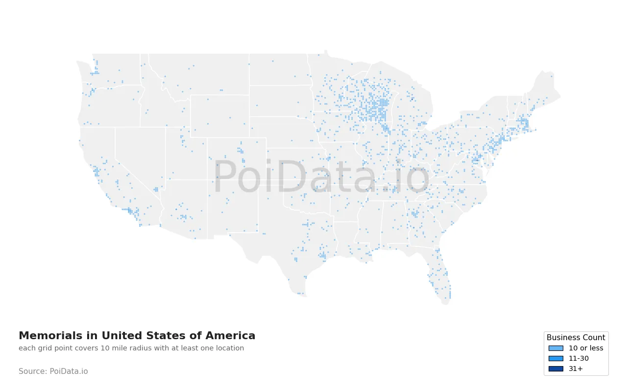 Memorial density map for United States