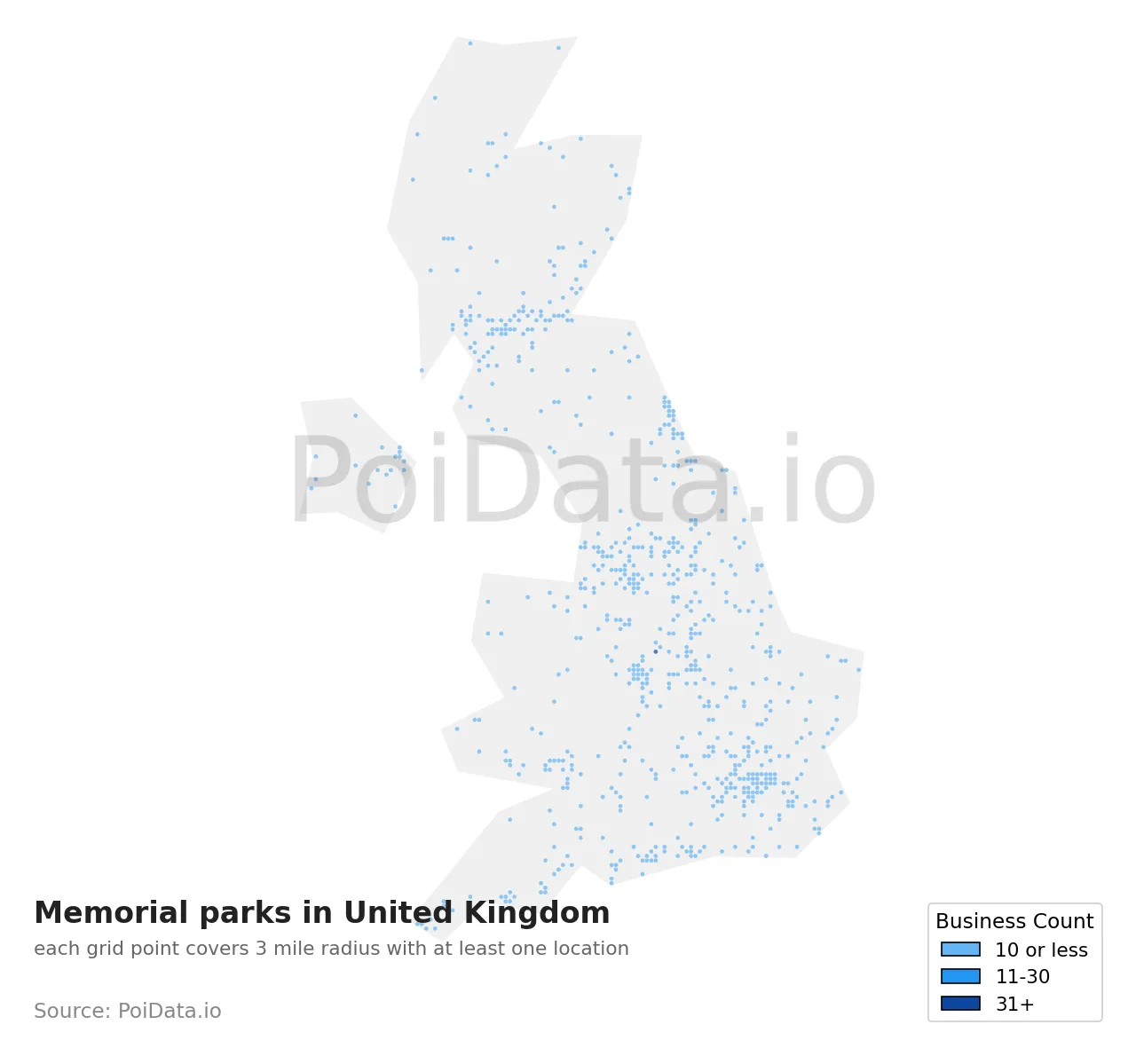 Memorial park density map for United Kingdom