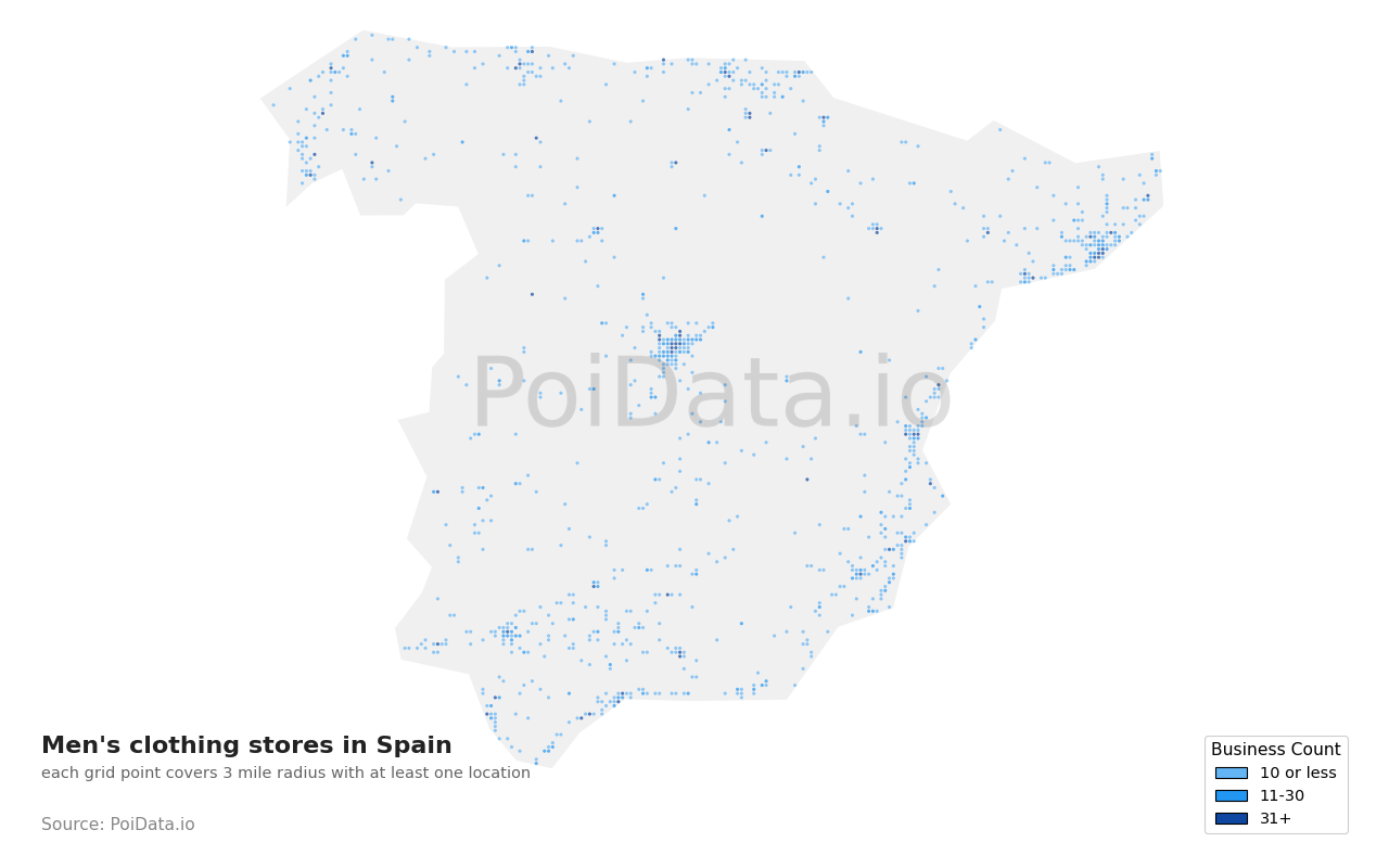 Men's clothing store density map for Spain