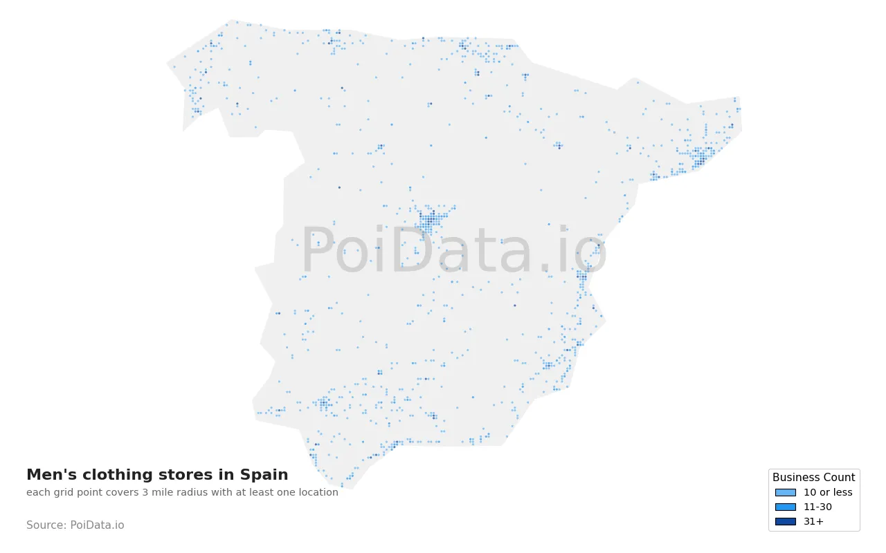Men's clothing store density map for Spain