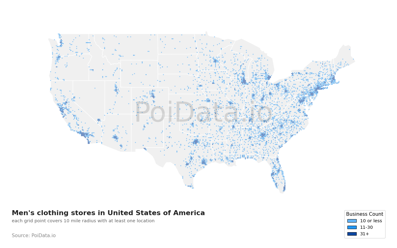 Men's clothing store density map for Missouri, United States