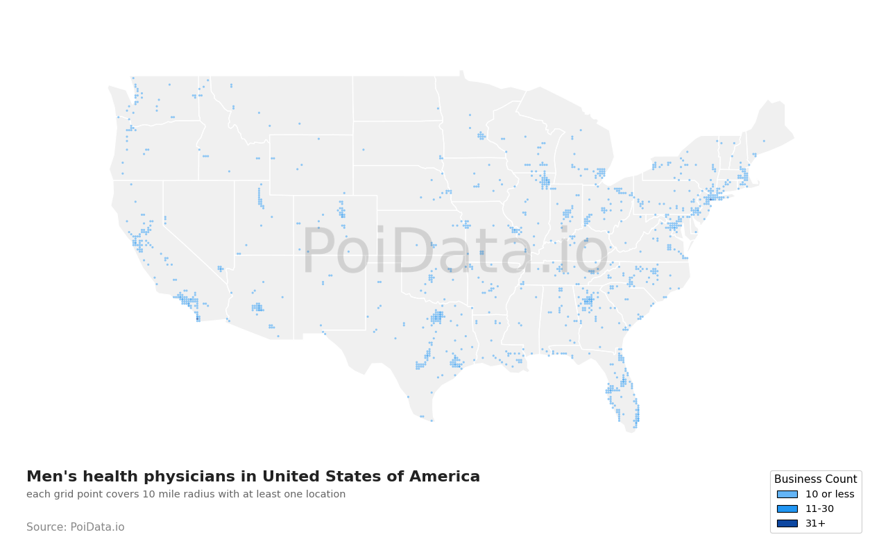 Men's health physician density map for Texas, United States