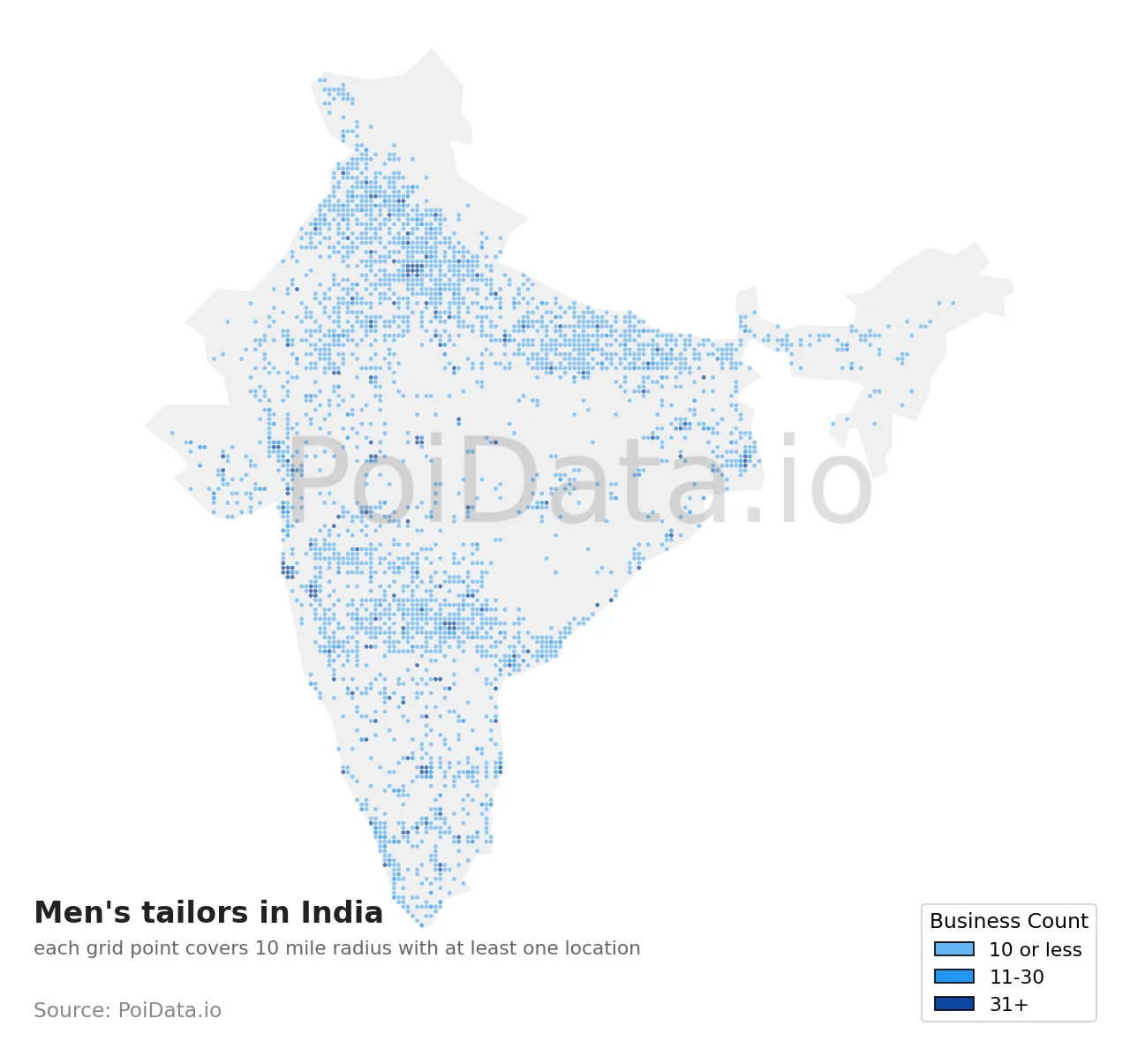 Men's tailor density map for India