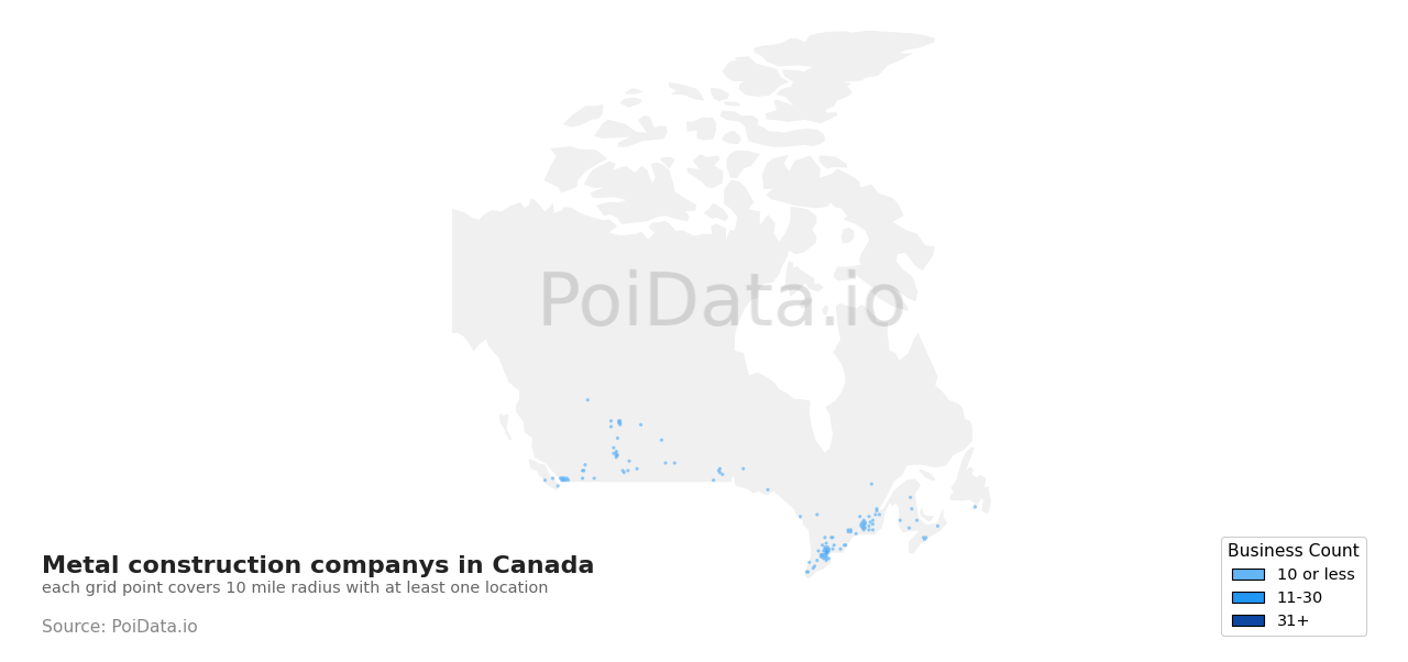 Metal construction company density map for Canada