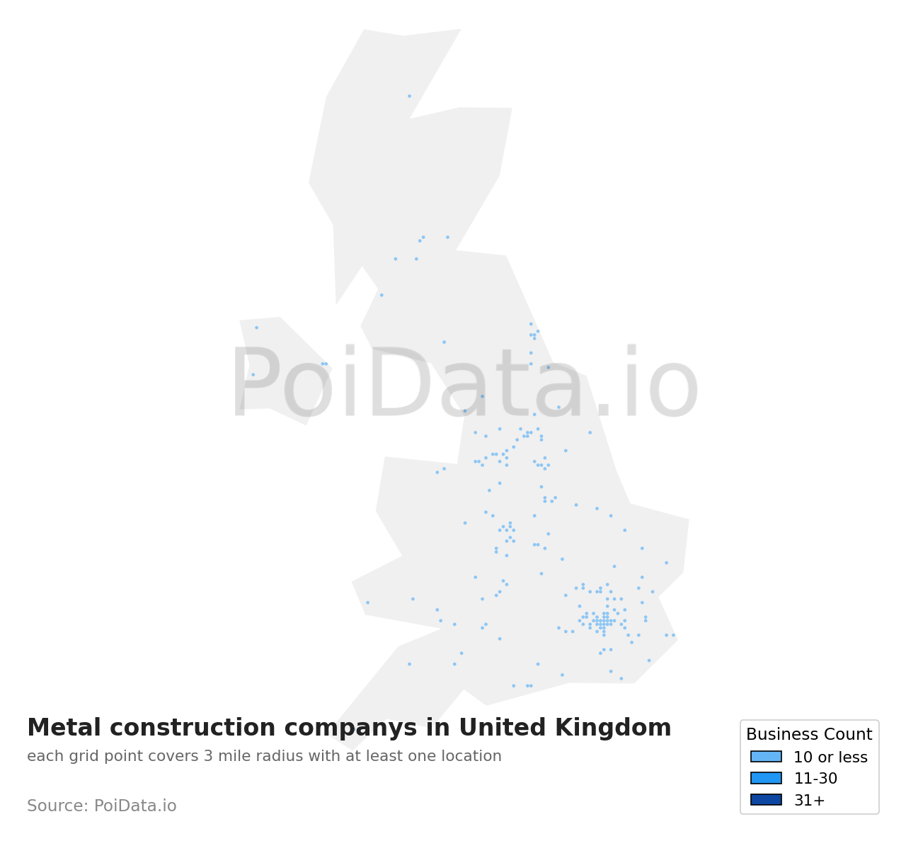 Metal construction company density map for United Kingdom