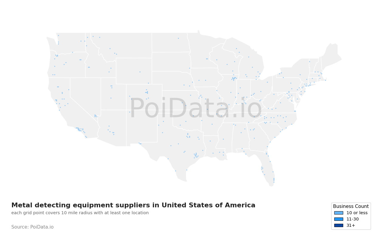 Metal detecting equipment supplier density map for United States