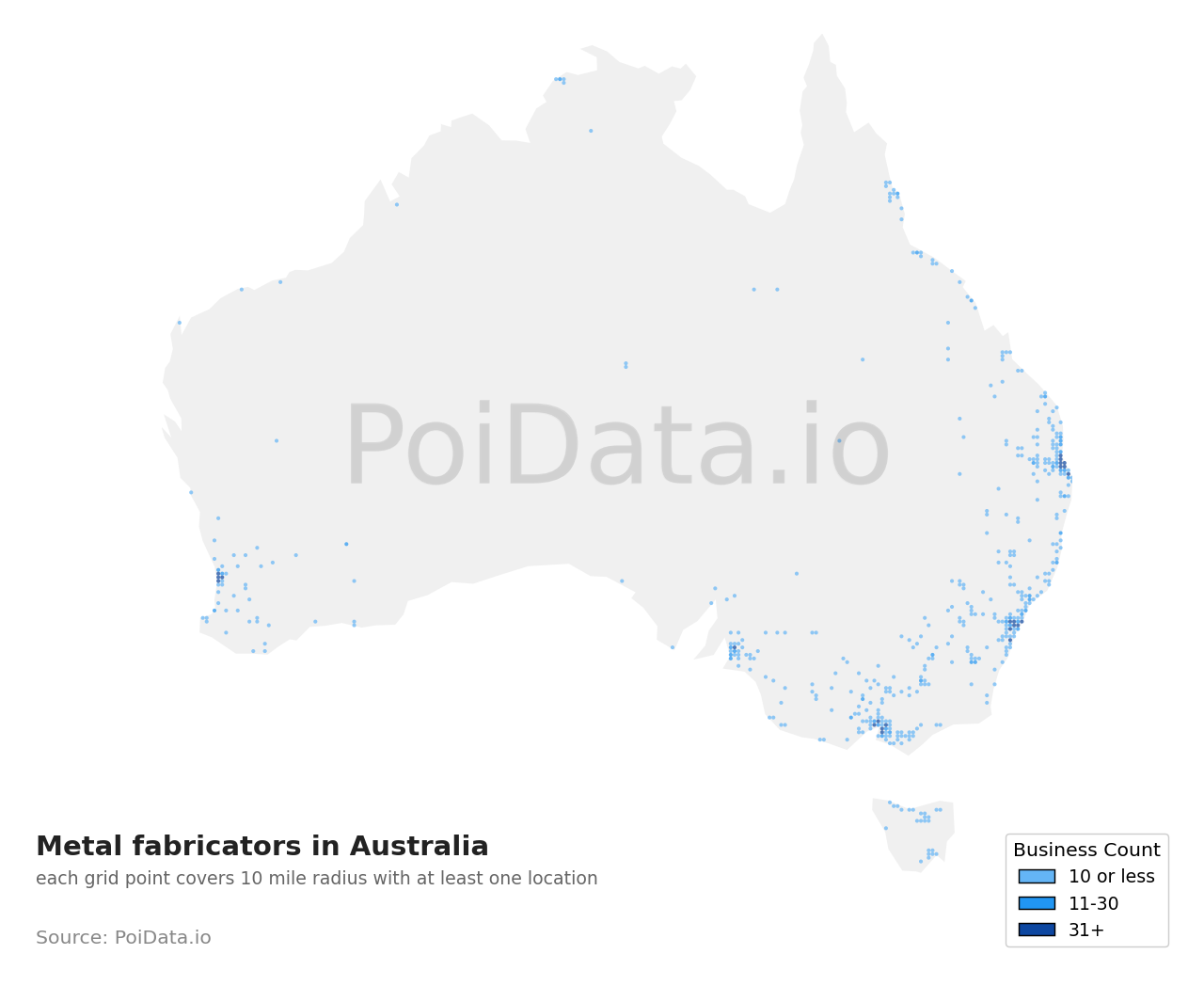 Metal fabricator density map for Western Australia, Australia