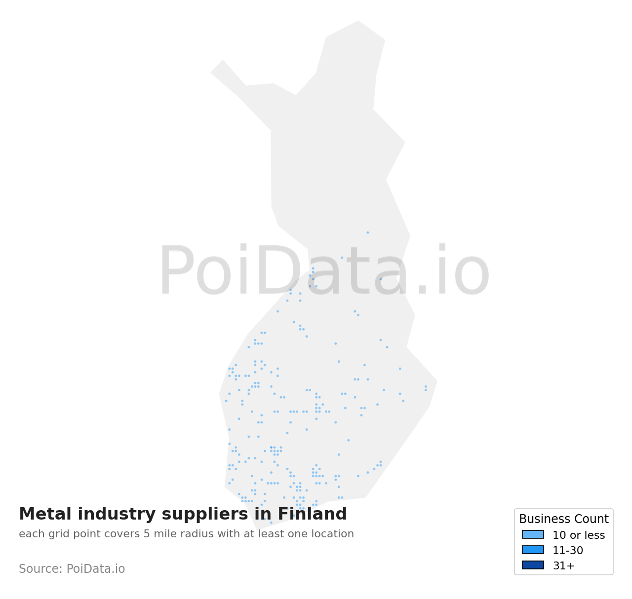 Metal industry suppliers density map for Finland