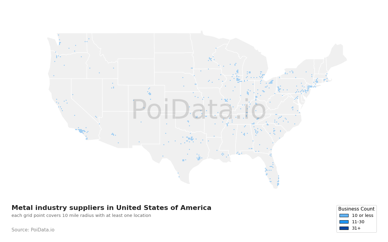 Metal industry suppliers density map for Tennessee, United States