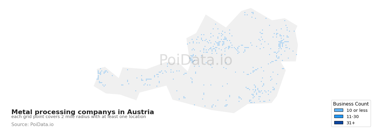 Metal processing company density map for Austria