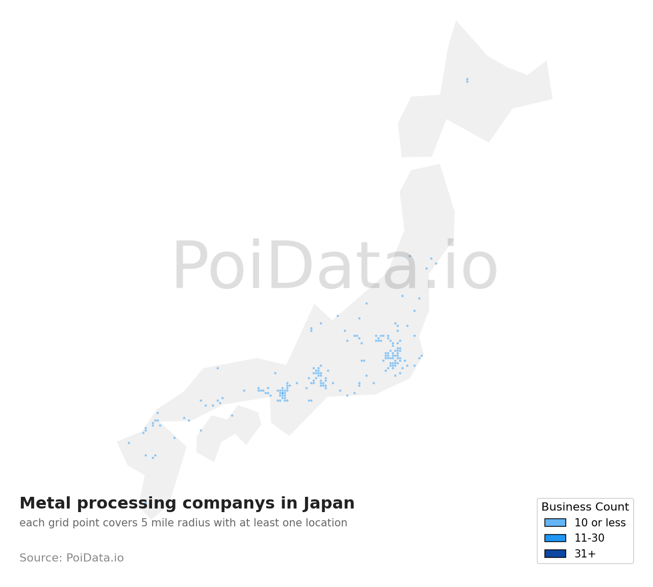 Metal processing company density map for Aichi, Japan