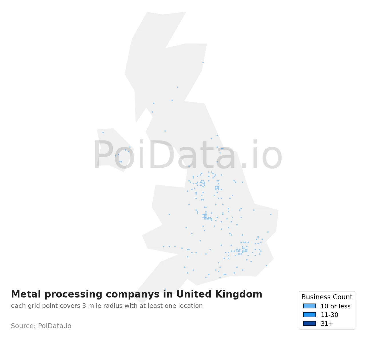 Metal processing company density map for United Kingdom