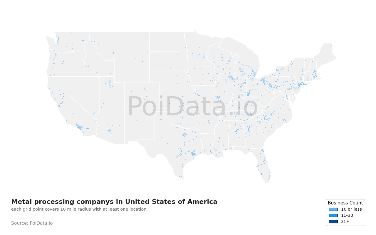 Metal processing company density map for Texas, United States