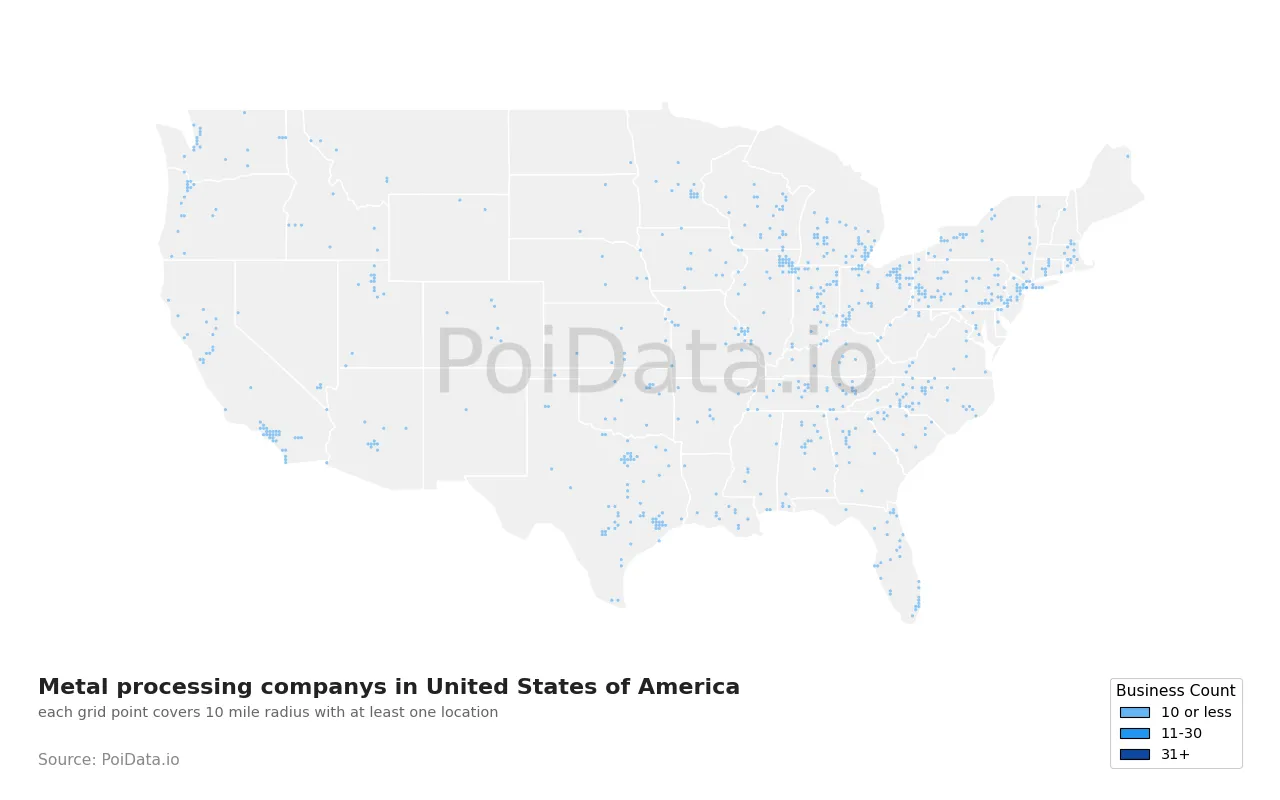 Metal processing company density map for United States