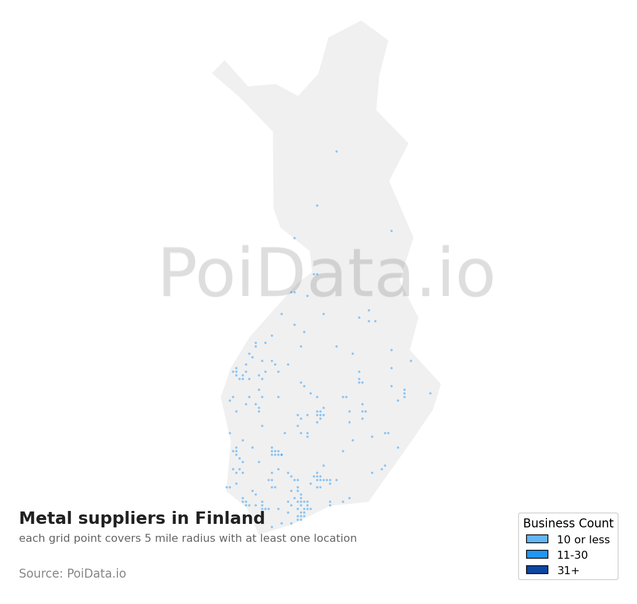 Metal supplier density map for Finland