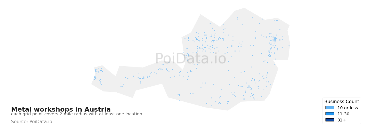 Metal workshop density map for Austria