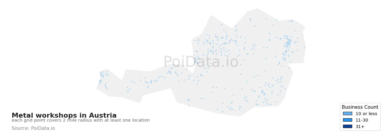 Metal workshop density map for Austria