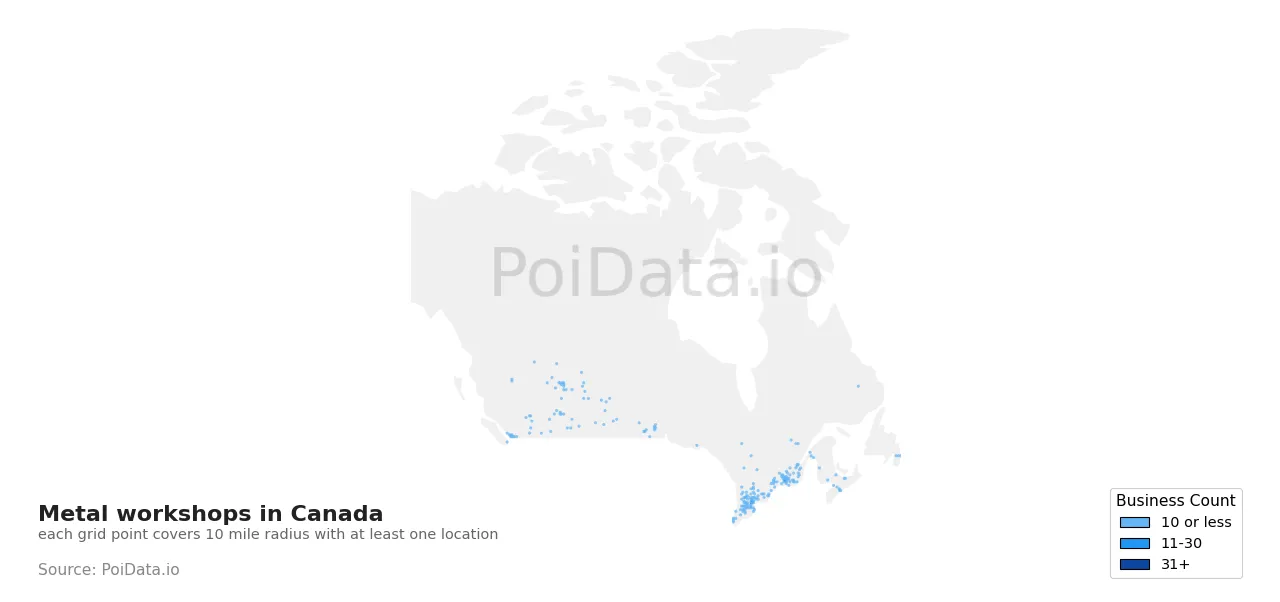 Metal workshop density map for Canada