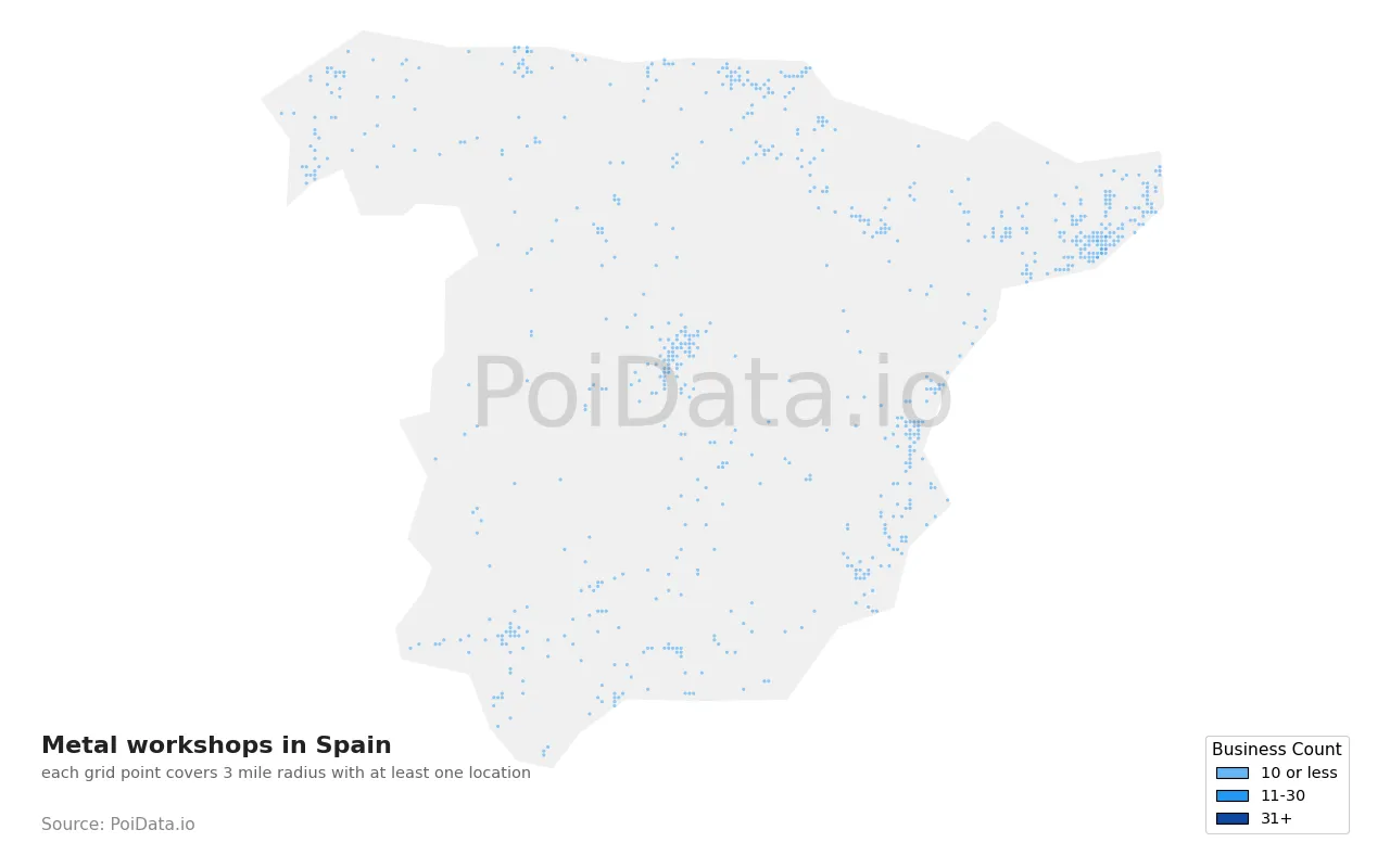 Metal workshop density map for Spain
