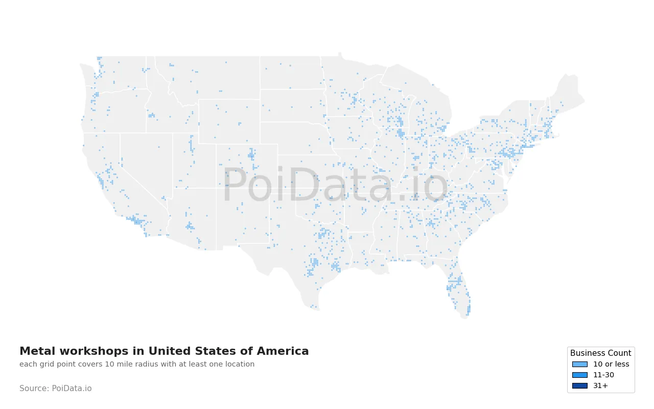 Metal workshop density map for United States