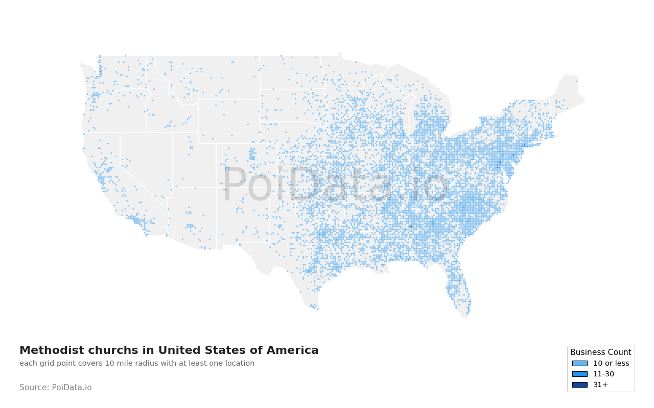 Methodist church density map for United States