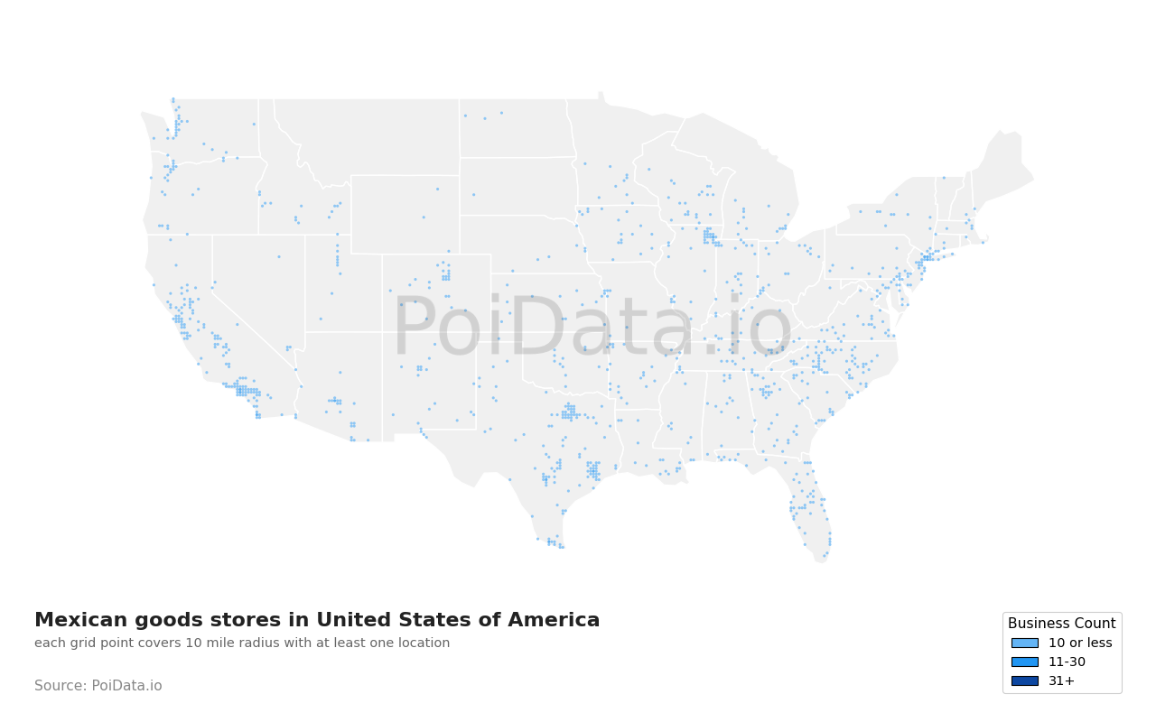 Mexican goods store density map for United States