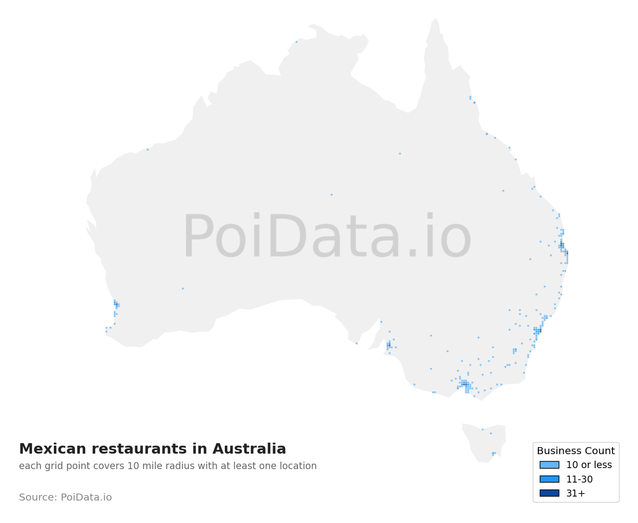 Mexican restaurant density map for Australia