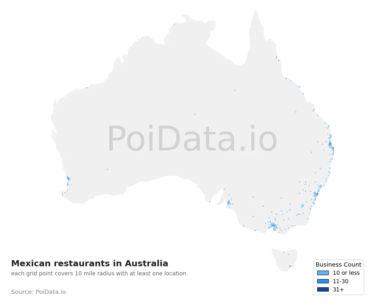 Mexican restaurant density map for Australia