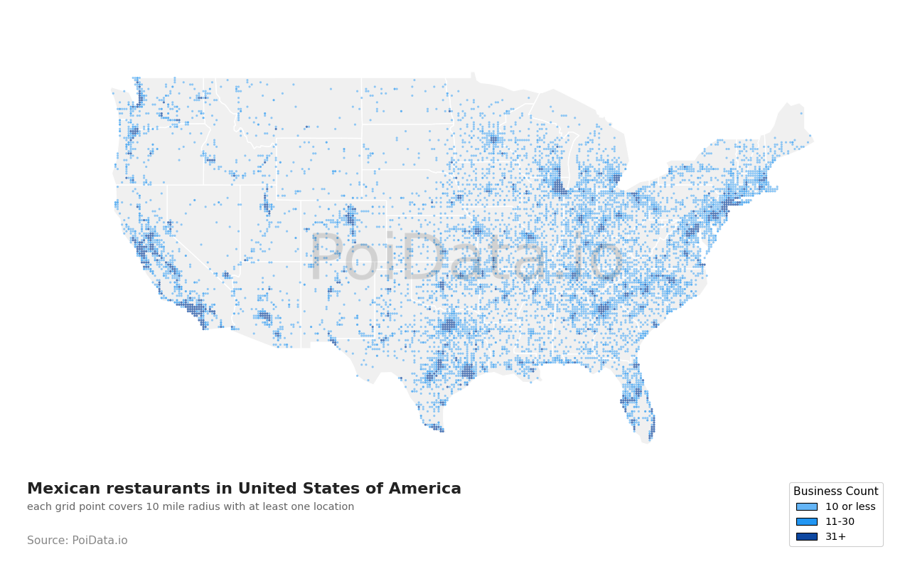 Mexican restaurant density map for United States