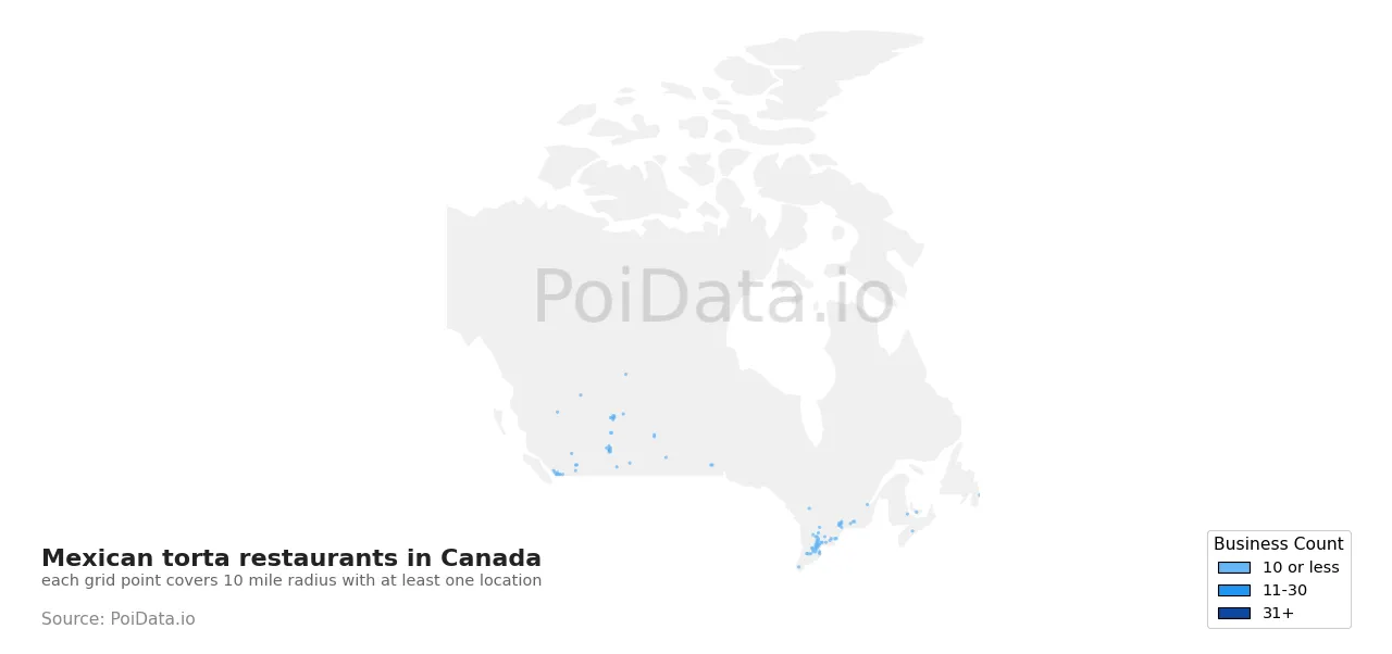 Mexican torta restaurant density map for Canada