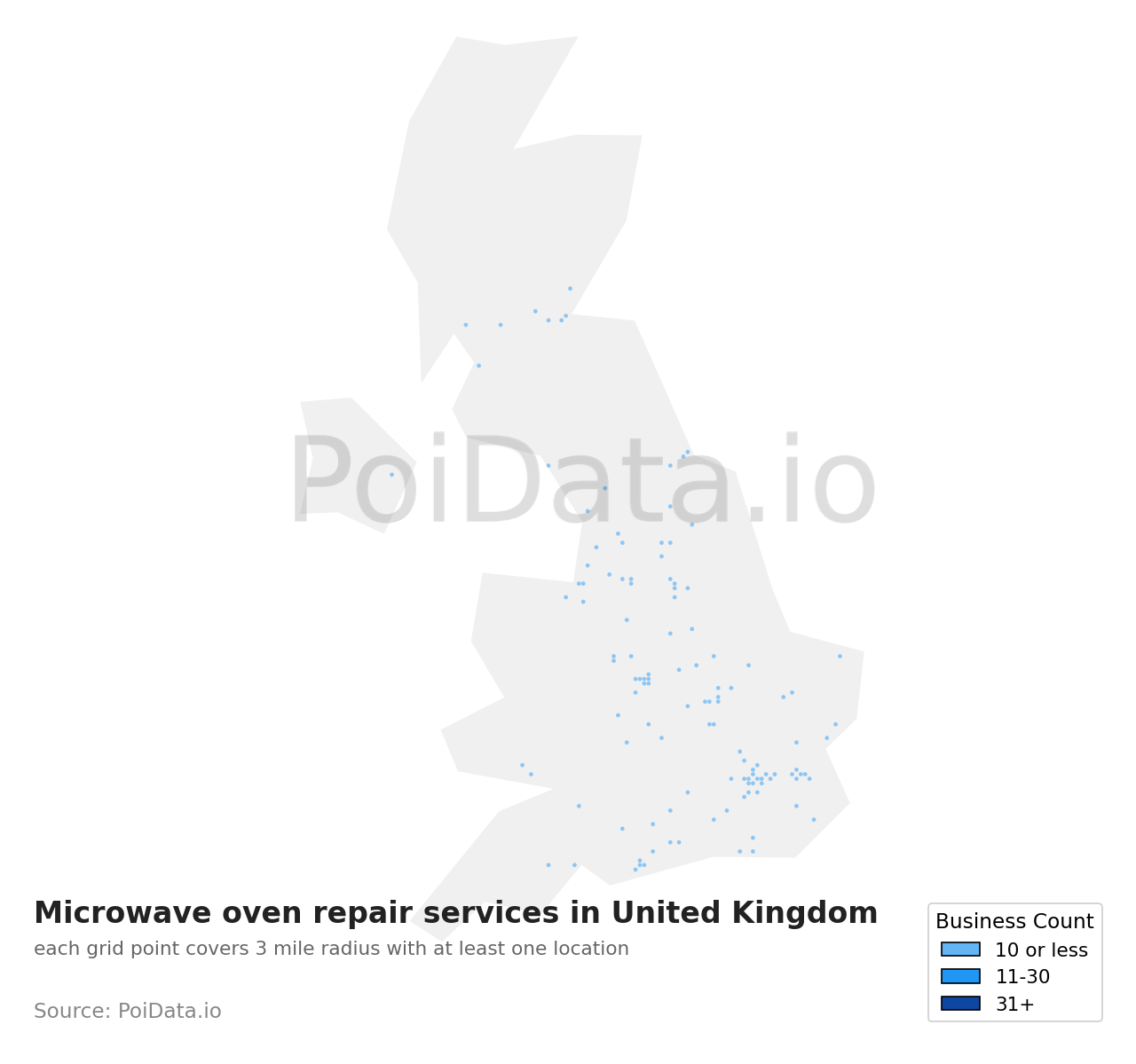 Microwave oven repair service density map for United Kingdom