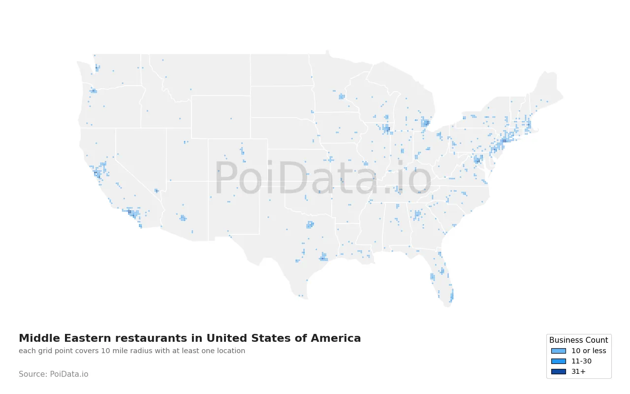 Middle Eastern restaurant density map for United States