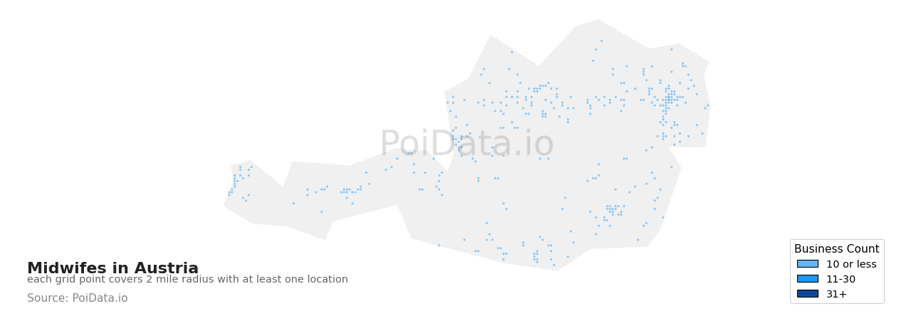 Midwife density map for Austria