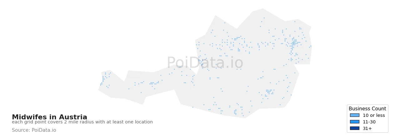 Midwife density map for Austria