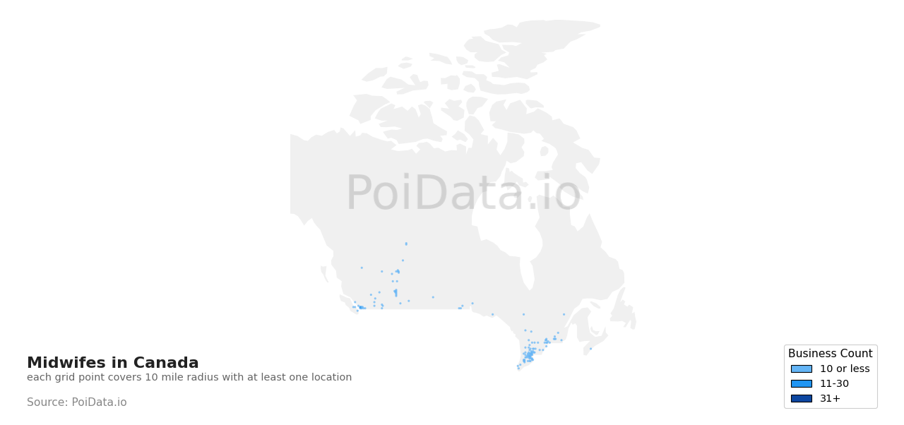 Midwife density map for Canada