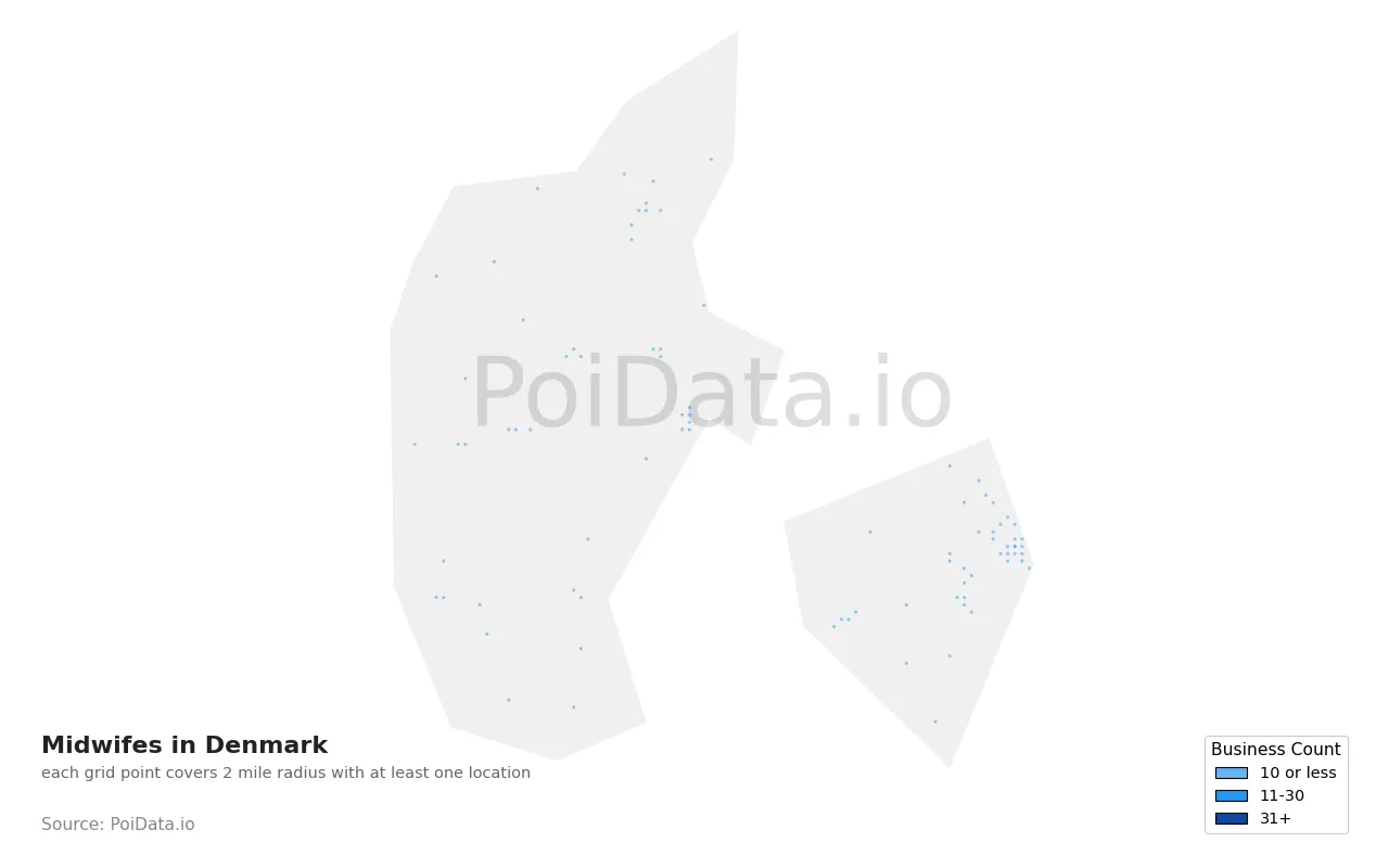 Midwife density map for Denmark