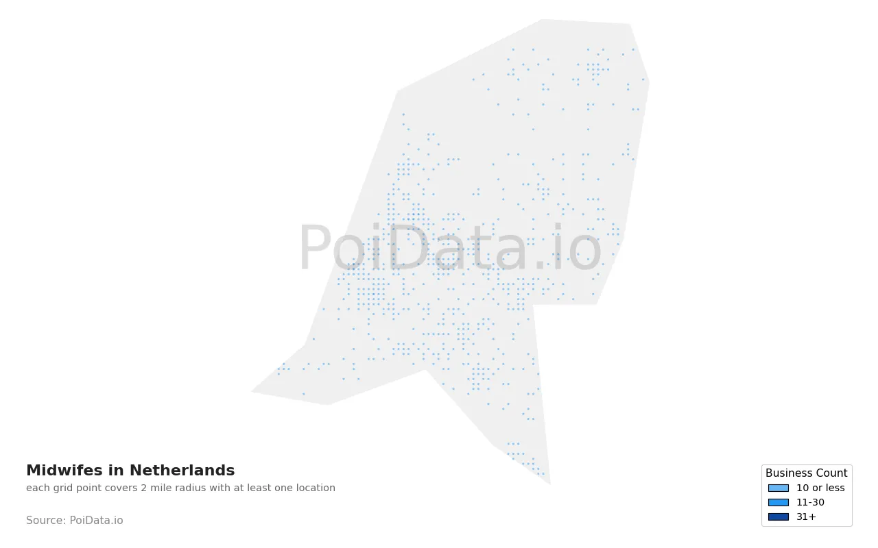 Midwife density map for Netherlands