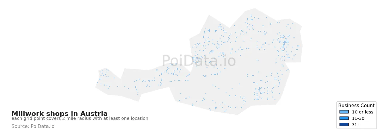 Millwork shop density map for Austria