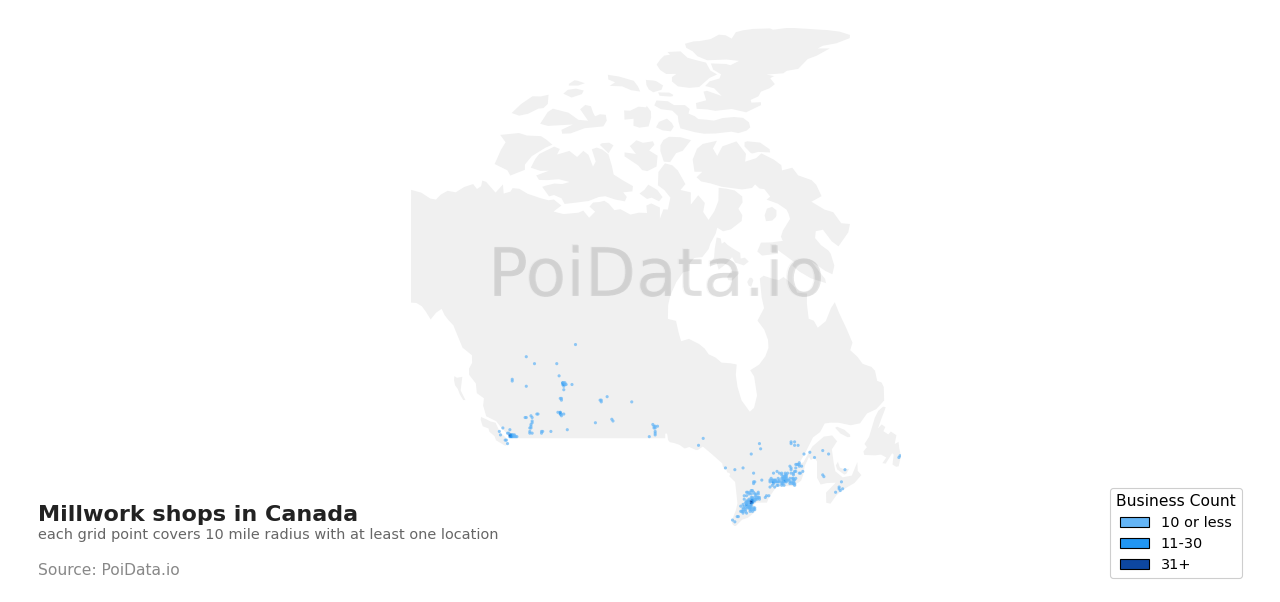 Millwork shop density map for Canada