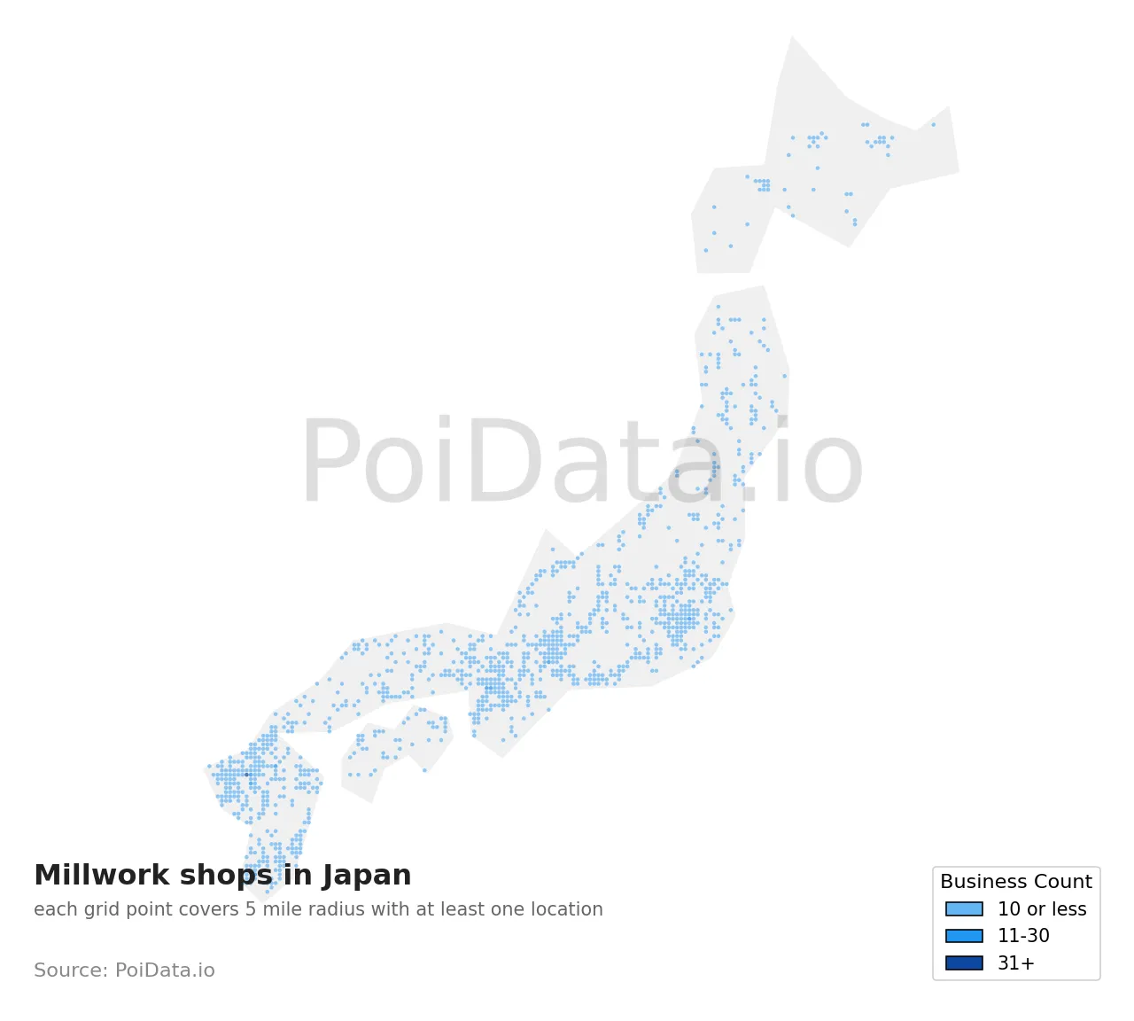 Millwork shop density map for Japan