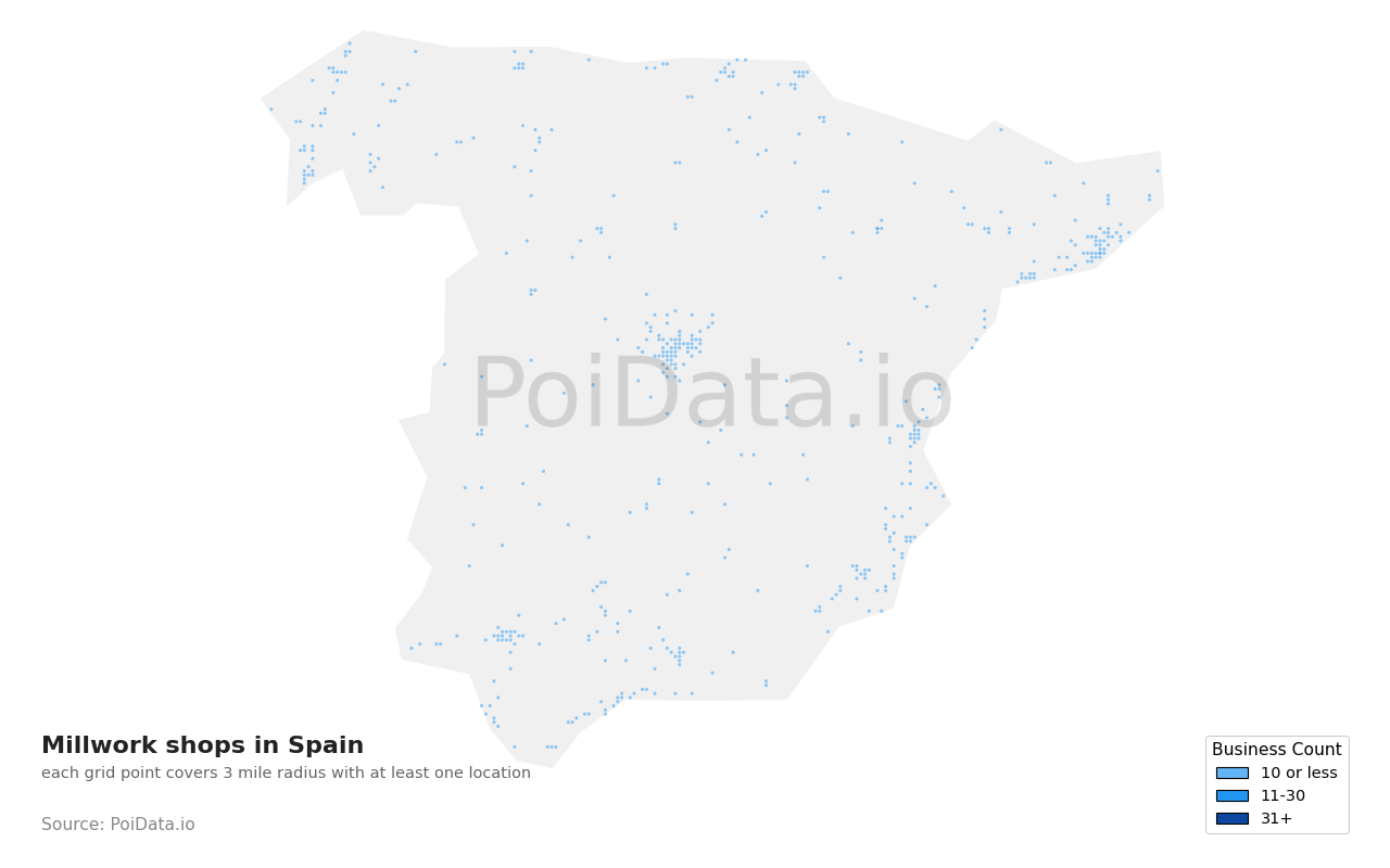 Millwork shop density map for Spain