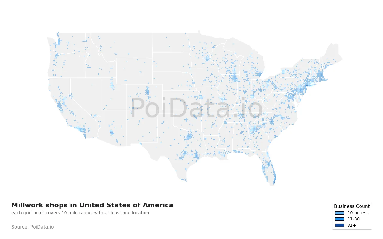 Millwork shop density map for United States
