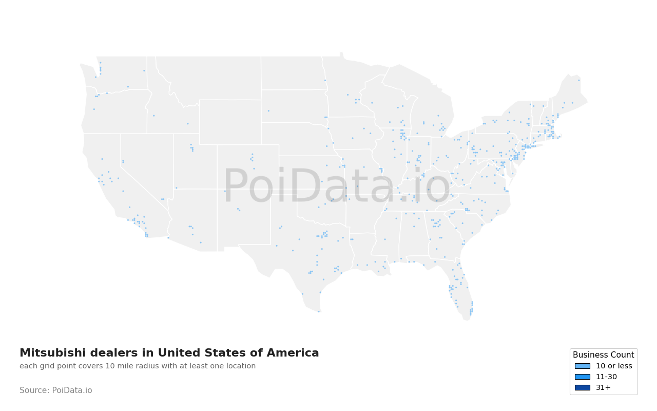 Mitsubishi dealer density map for United States