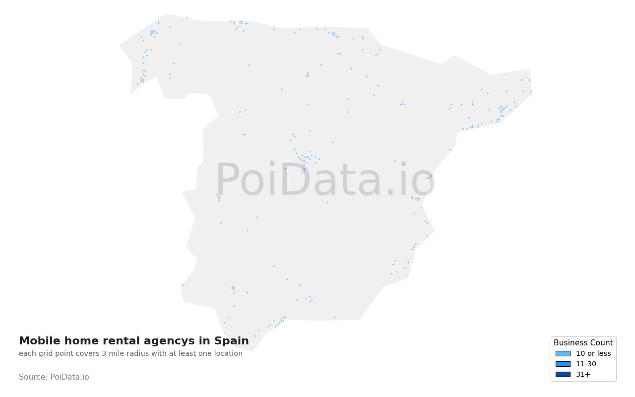 Mobile home rental agency density map for Spain