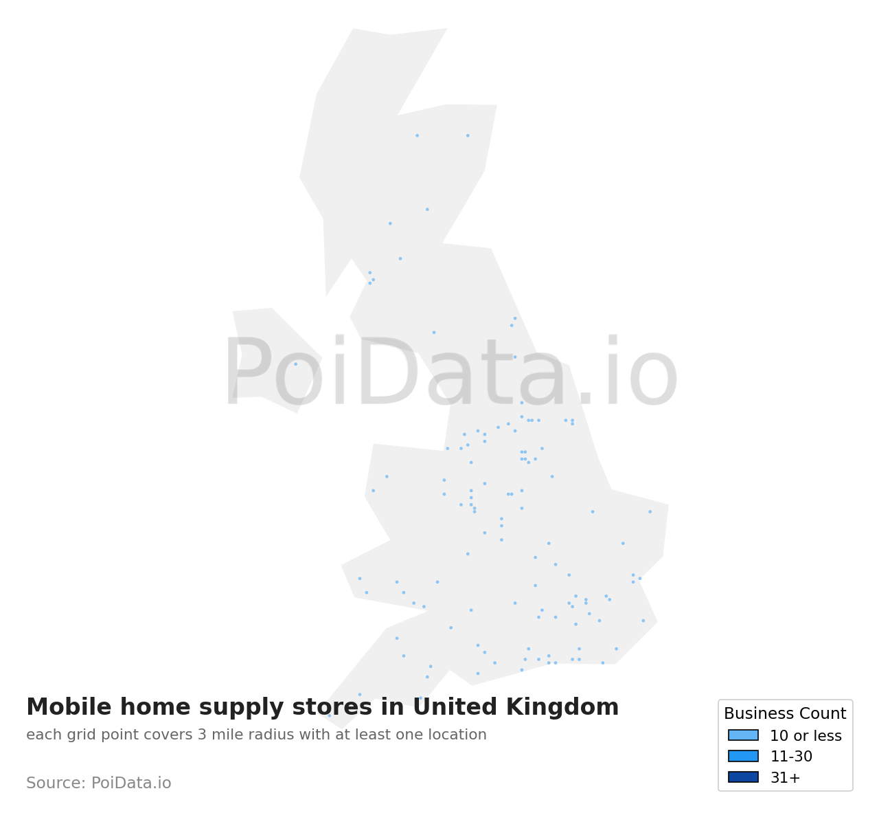Mobile home supply store density map for United Kingdom