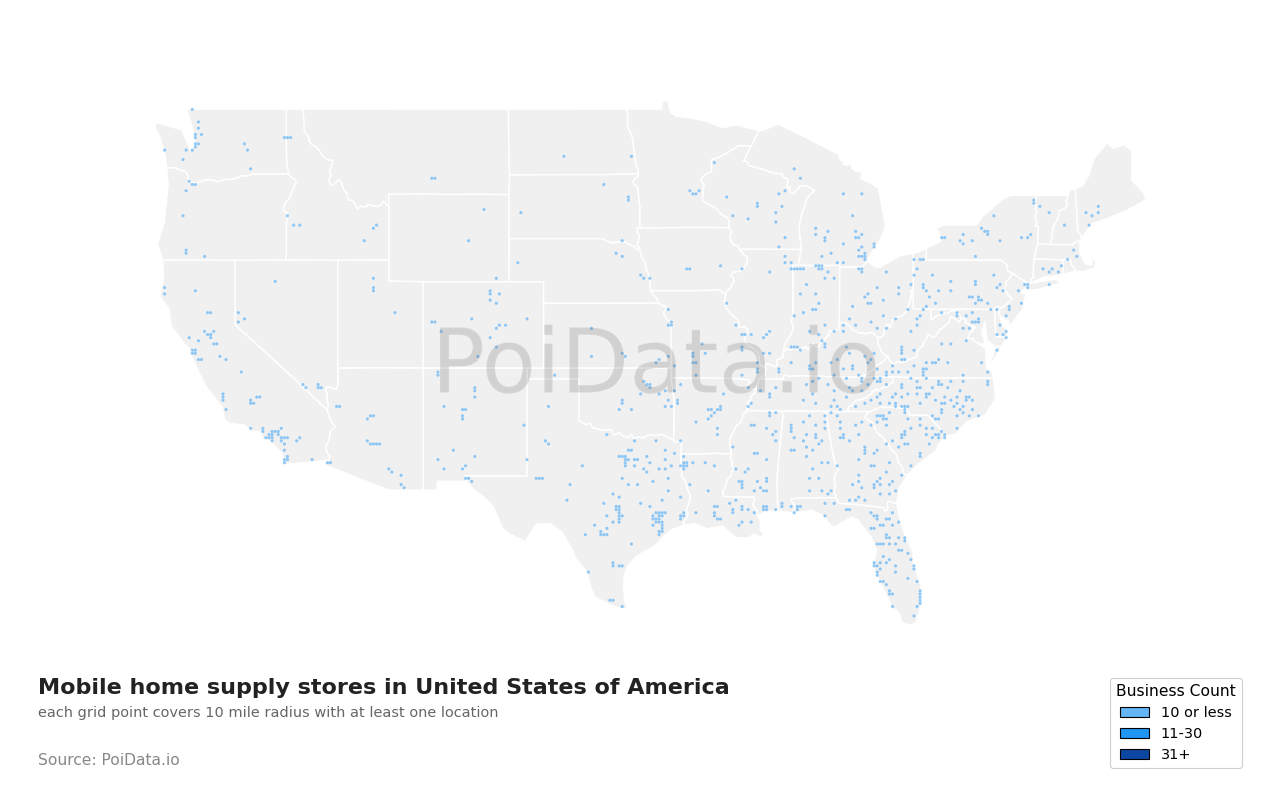 Mobile home supply store density map for United States